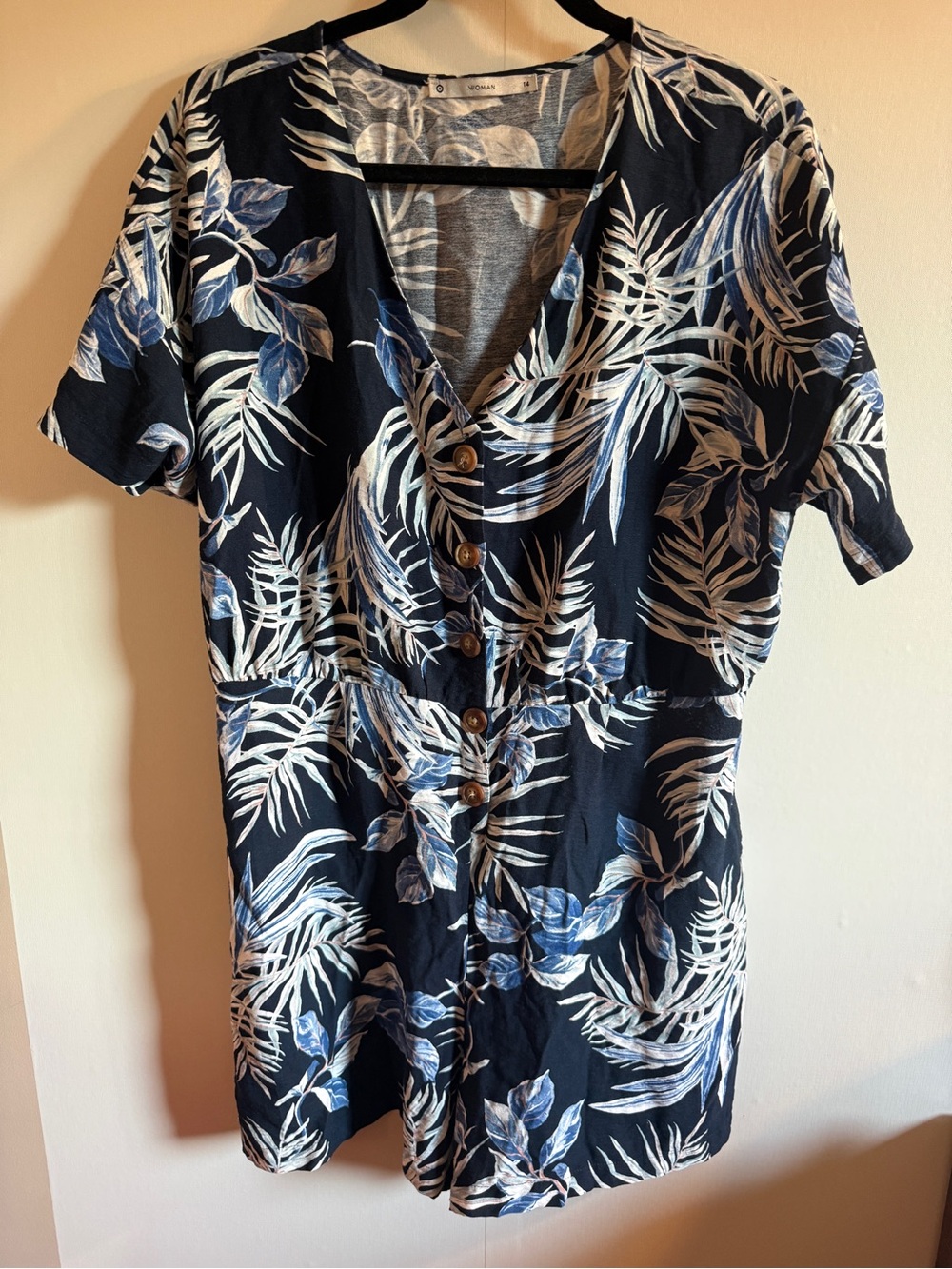 Tropical Leaf Print Romper Navy Blue Button Front Resort Size 14